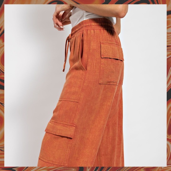 EASEL "Linen Lounge" Cotton Blend Mineral Washed Wide Leg Pants W/ Cargo Pockets - Picture 9 of 15